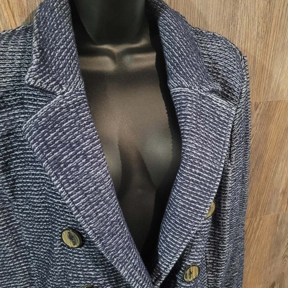 Chico's Double Breasted Jacket Size 3/XL Blue Faux-Tweed Knit Frayed Edge Office